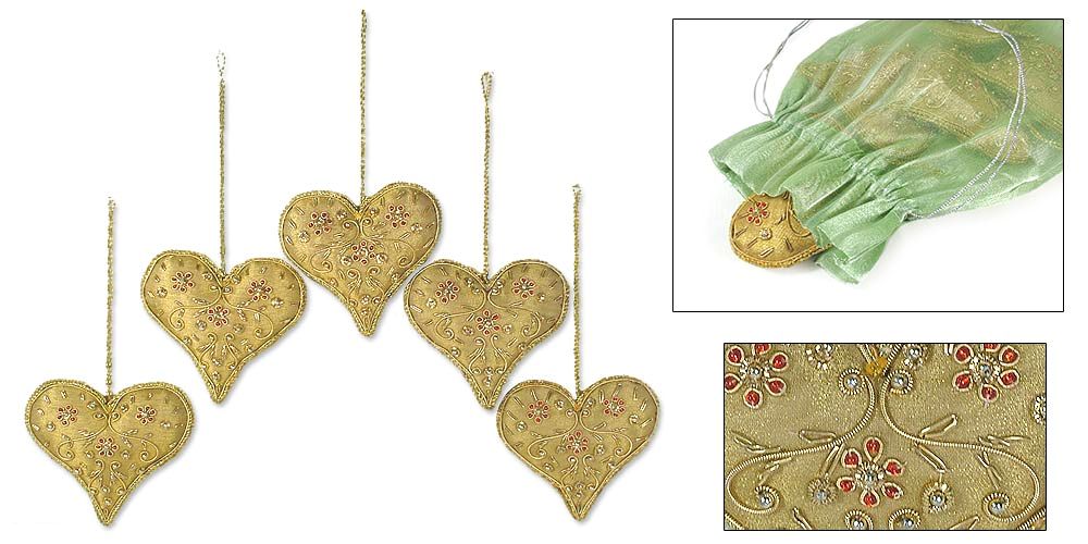 Hand Embroidered Golden Hearts Christmas Ornaments, Set of 5